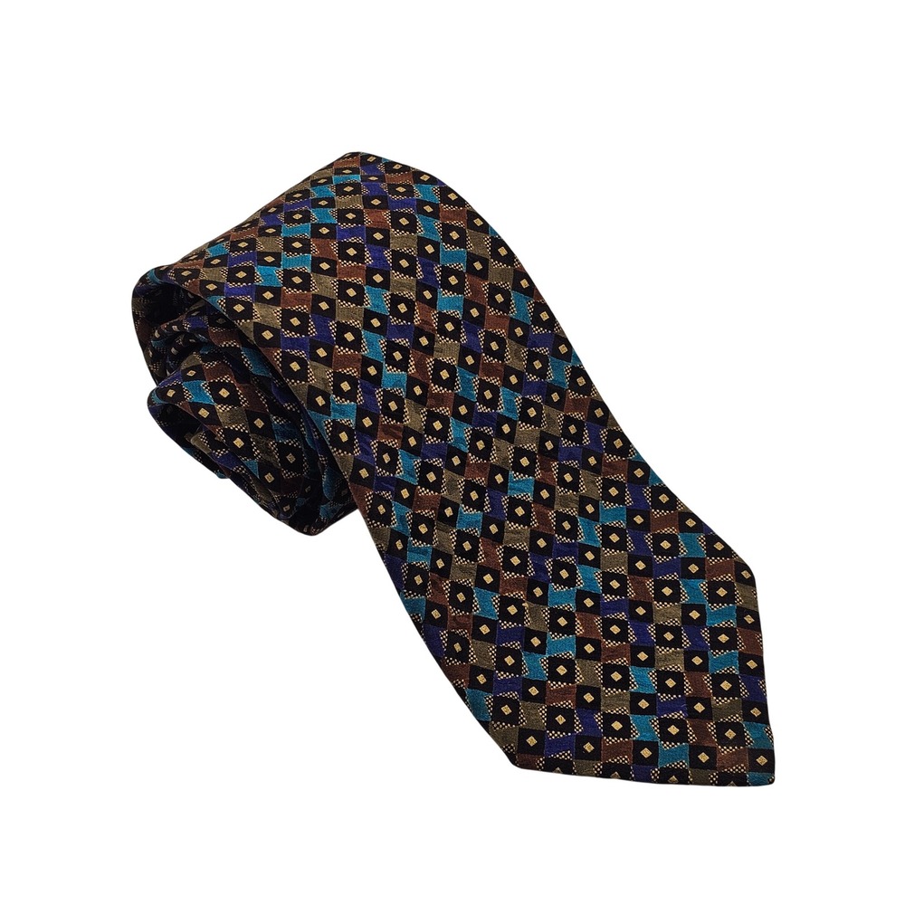 Brioni Silk Tie Blue Brown Purple Geometric Diamond Italy Designer Luxury Retro
